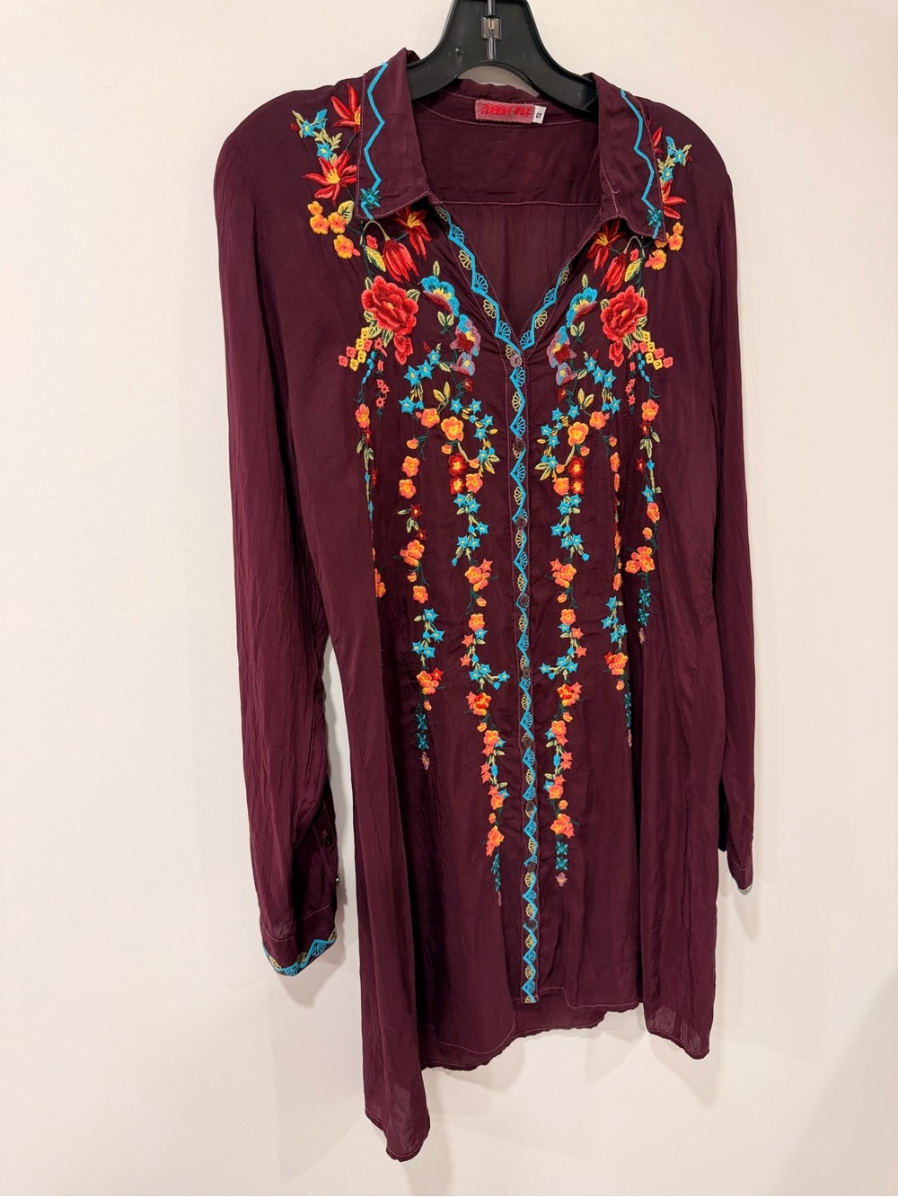 Johnny Was Plum Embroidered Floral Boho Tunic Dress 100% Cupra Rayon Size Small - Picture 2 of 8